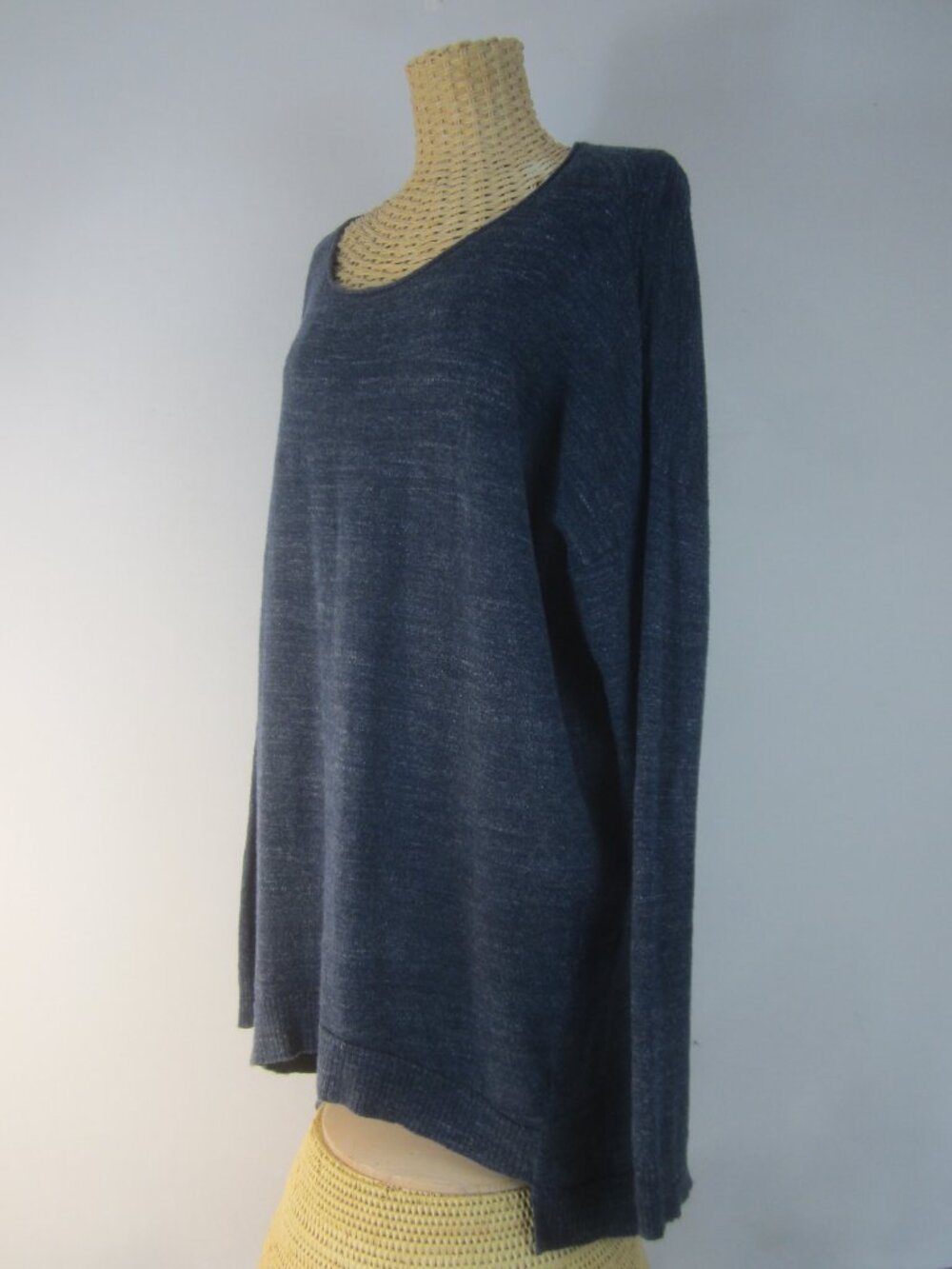 Eileen Fisher Women L Heather Navy Blue 100% Organic Cotton LS Knit Tunic Top